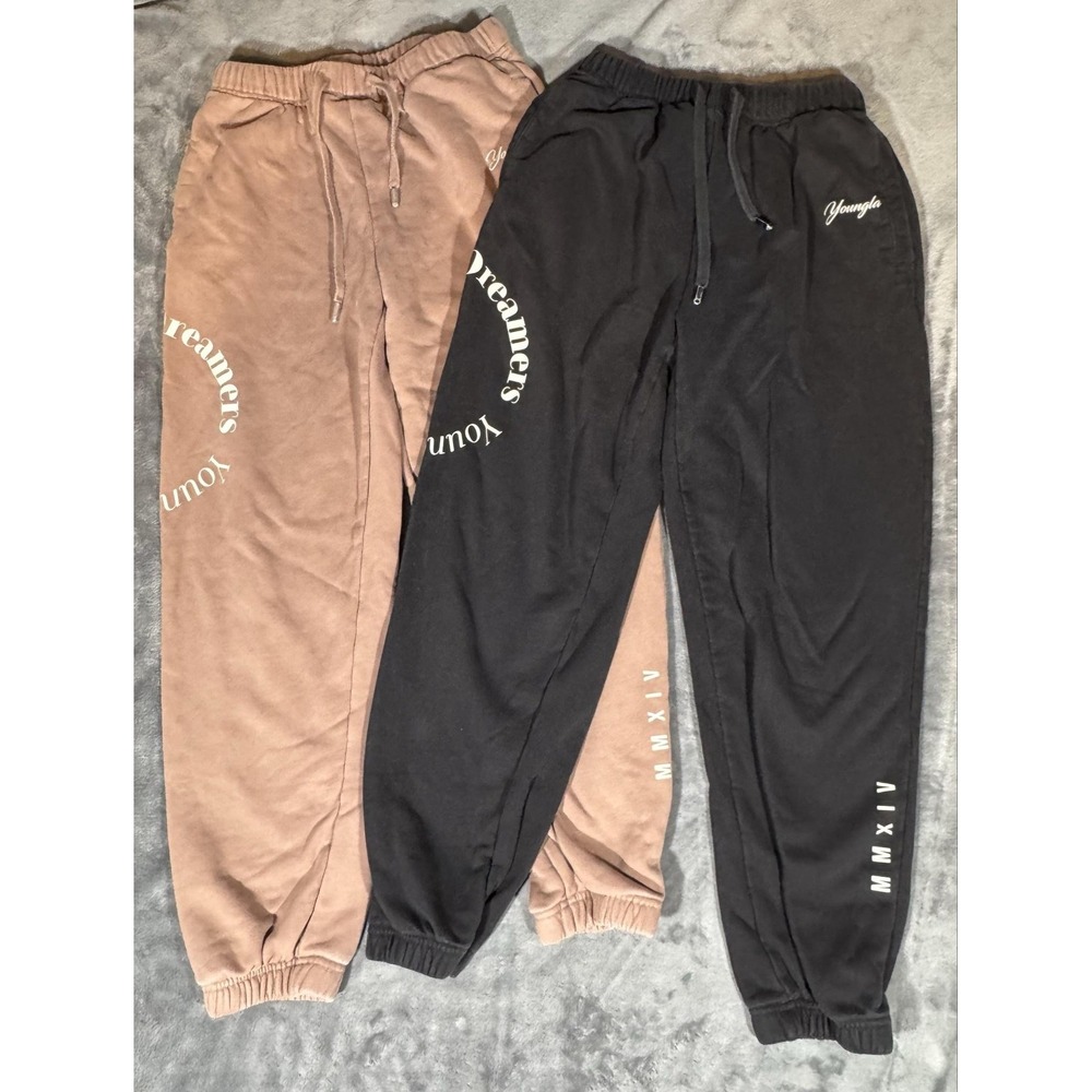 Lot Of 2 Youngla Pants Mens Medium Black Brown Fleece Joggers Elastic Waist